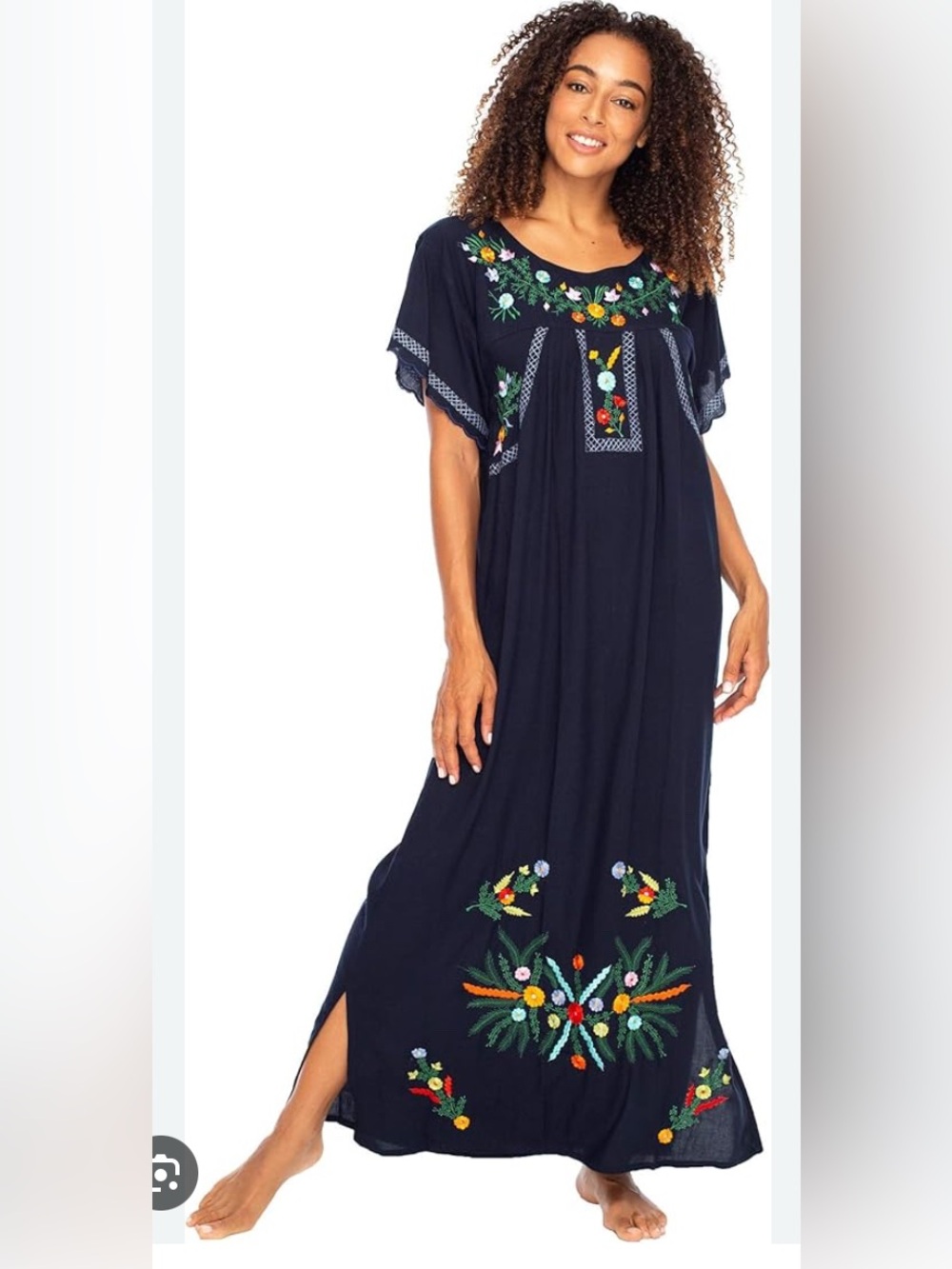 Embroidered Navy Maxi Dress with Floral Accents